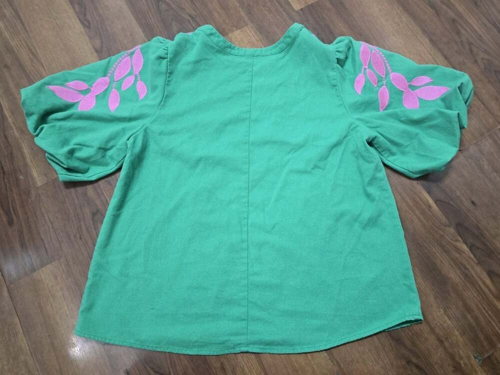VOY Green Floral Lace V-NeckBoho Embroidered Puff Bubble Sleeve Cotton Linen Mix - Picture 7 of 15